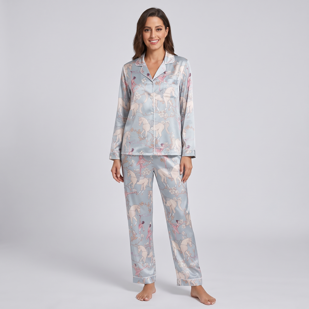 Dusty Blue Ballet Horses Women's Pajama Set - long sleeve and pants