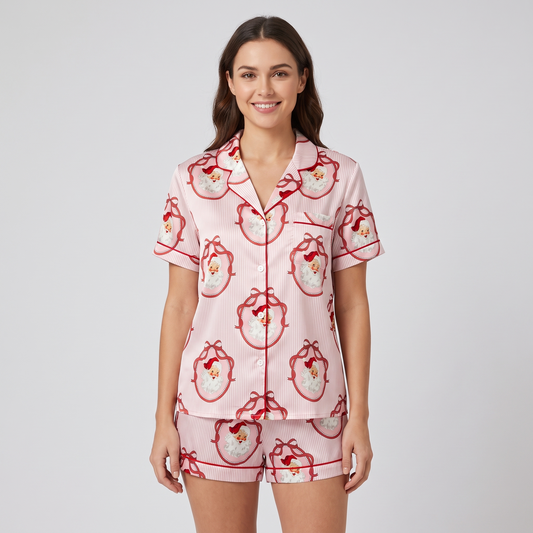 Pink Pinstripe Santa Women's Pajama Set - short sleeve and shorts