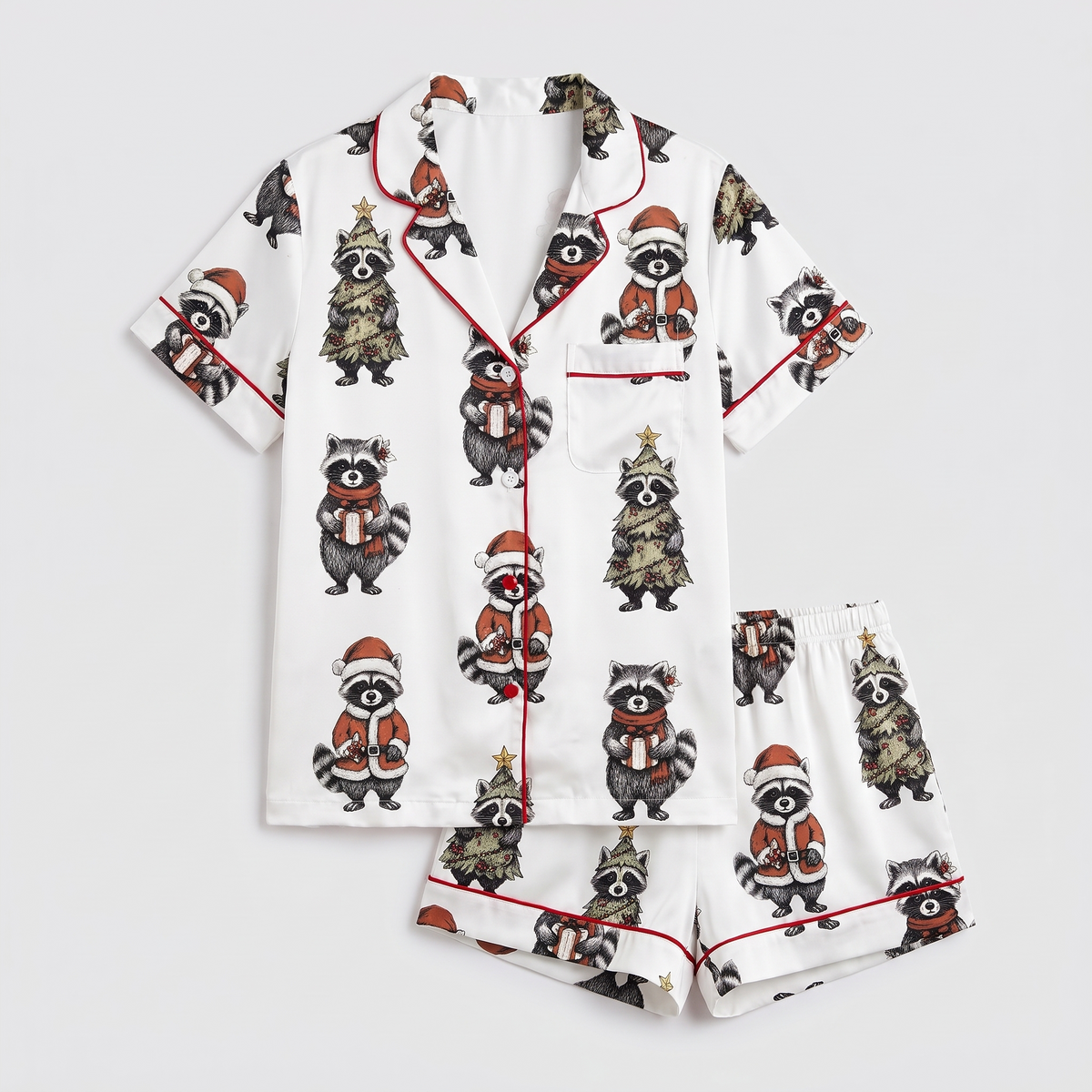 Raccoon Trio Christmas Women's Pajama Set - flat lay