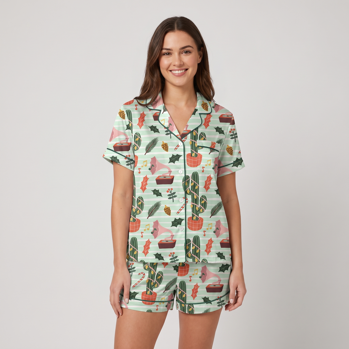 Mint Cactus Christmas Women's Pajama Set - short sleeve and shorts