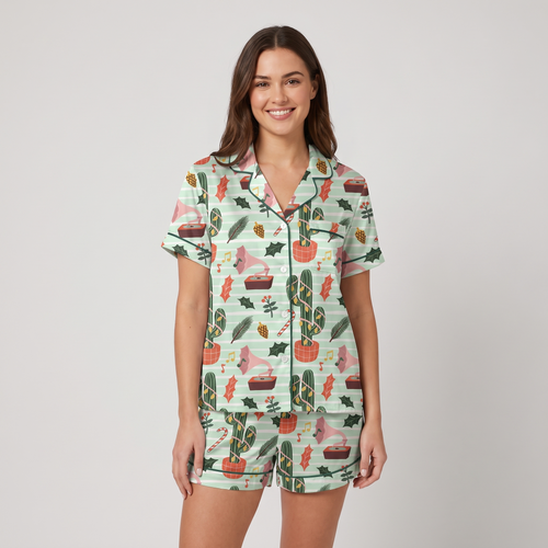 Mint Cactus Christmas Women's Pajama Set - short sleeve and shorts