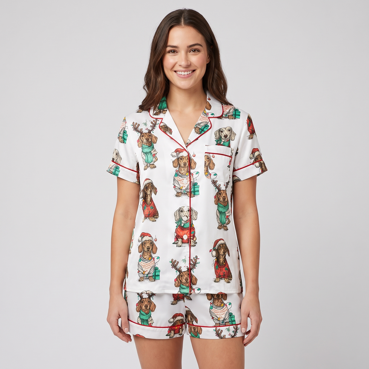 Reindeer Dachshunds Women's Pajama Set - short sleeve and shorts