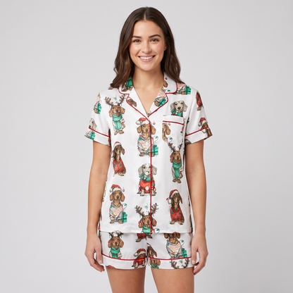 Reindeer Dachshunds Women's Pajama Set - short sleeve and shorts