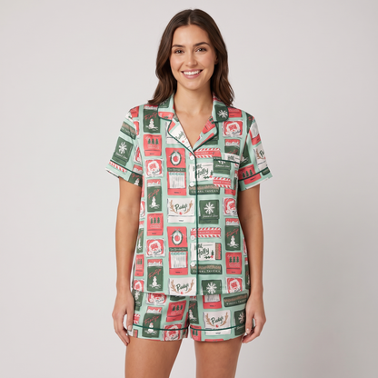 Holly Jolly Card Tiles Women's Pajama Set - short sleeve and shorts
