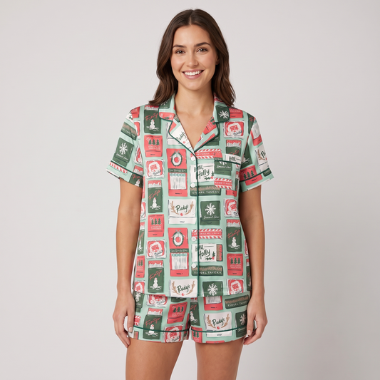 Holly Jolly Card Tiles Women's Pajama Set - short sleeve and shorts