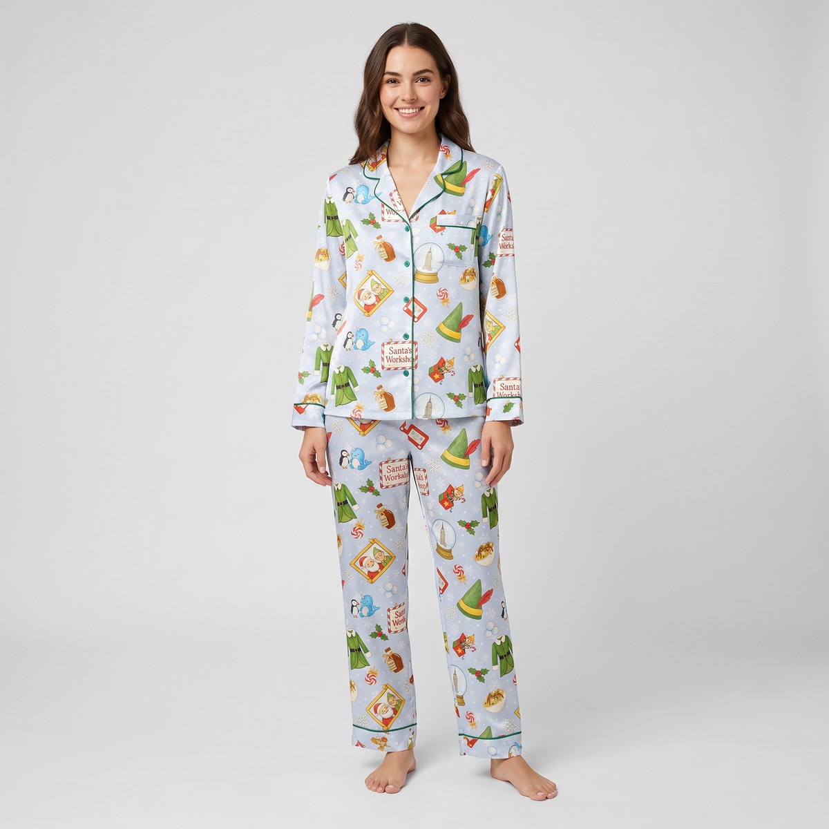 Blue North Pole Elf Inspired Women's Pajama Set - long sleeve and pants