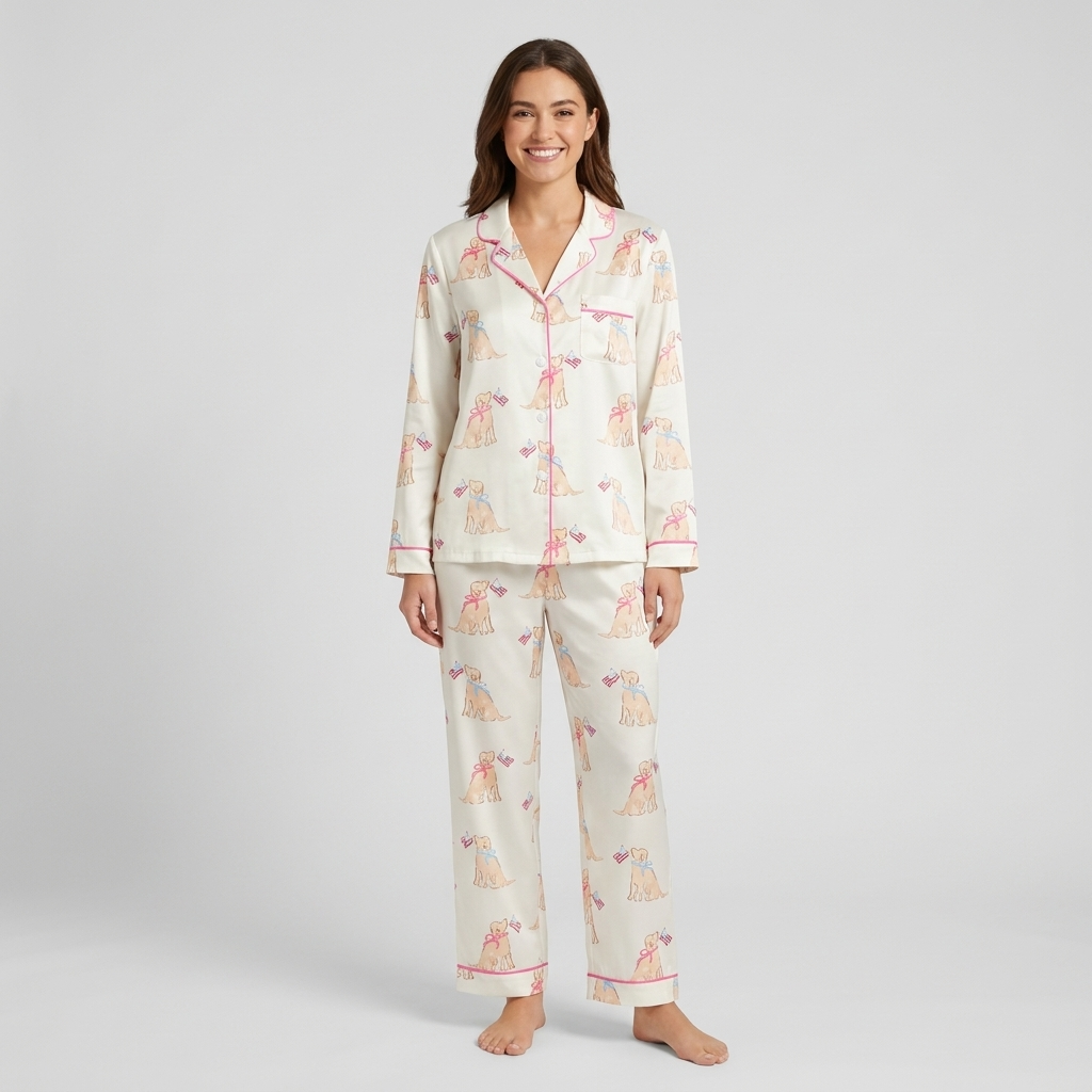 Women's satin pajama set with golden retriever puppies in bows holding tiny flags on soft cream - long sleeve and pants