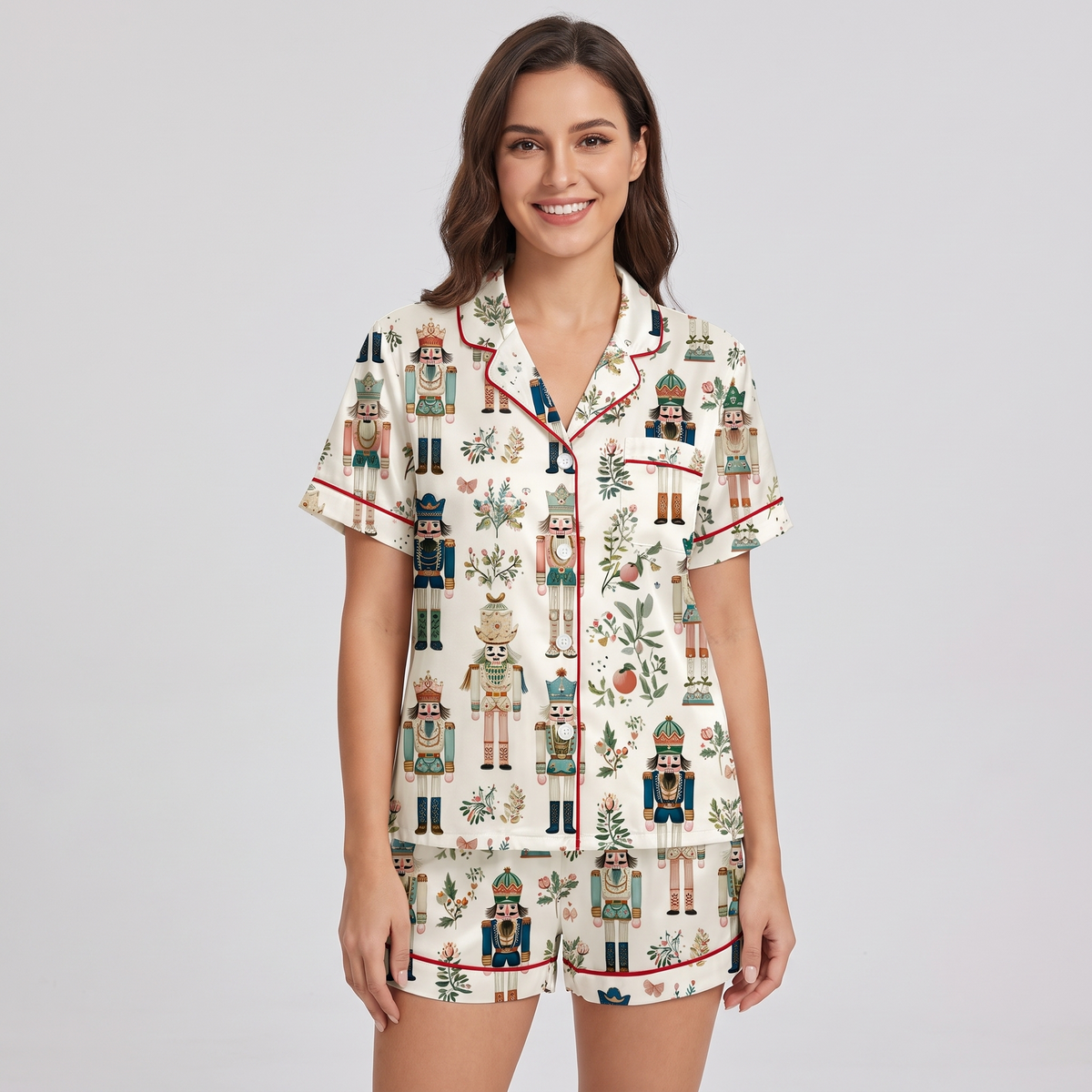 Floral Nutcracker Soldiers Women's Pajama Set - short sleeve and shorts