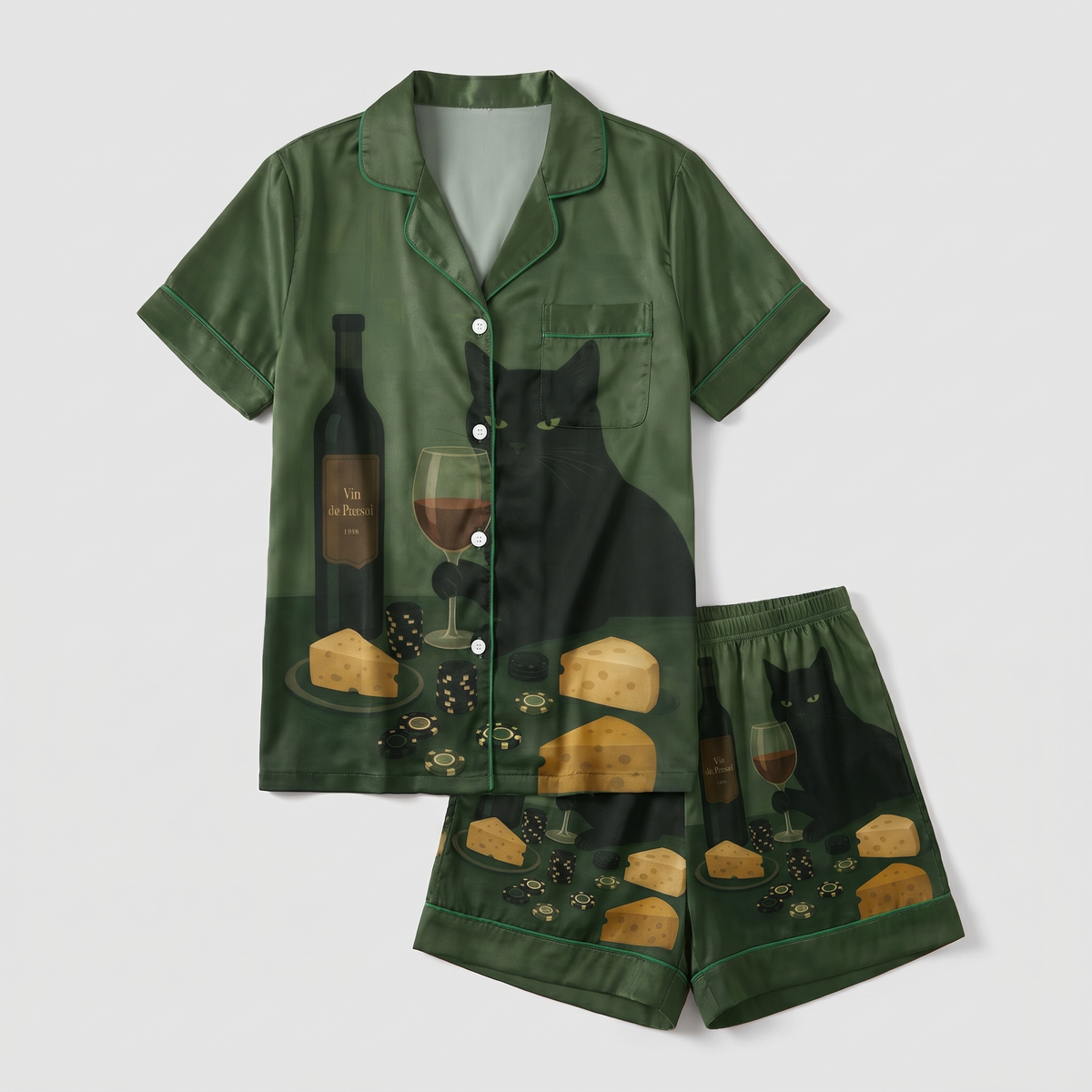 Wine and Cheese Cat Women's Pajama Set - flat lay