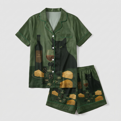 Wine and Cheese Cat Women's Pajama Set - flat lay