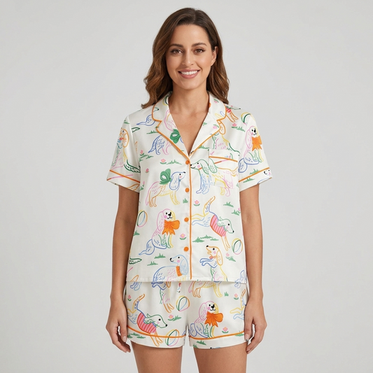 Women's satin pajama set with rainbow line-art spaniels in bows and striped sweaters on white - short sleeve and shorts