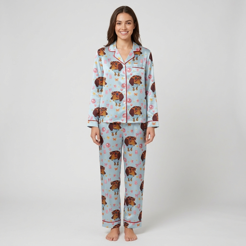 Sunglasses Dachshund Bows Women's Pajama Set - Blue long sleeve and pants