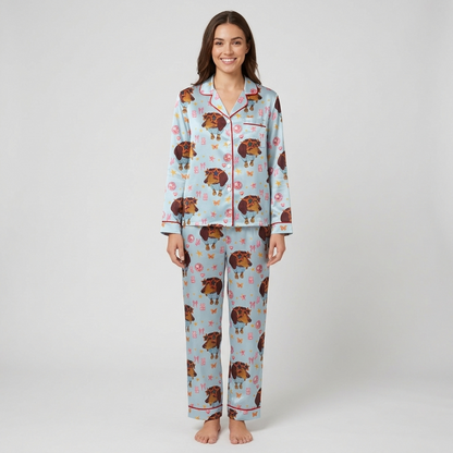 Sunglasses Dachshund Bows Women's Pajama Set - Blue long sleeve and pants