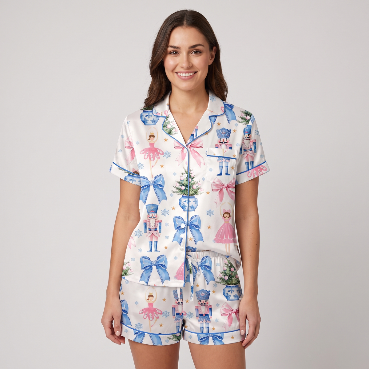 Blue Bow Nutcracker Women's Pajama Set - short sleeve and shorts