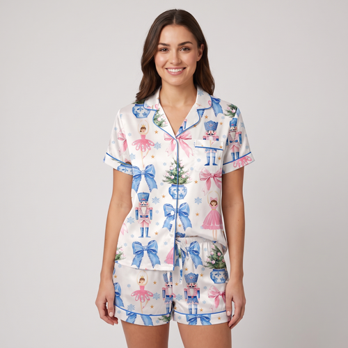 Blue Bow Nutcracker Women's Pajama Set - short sleeve and shorts
