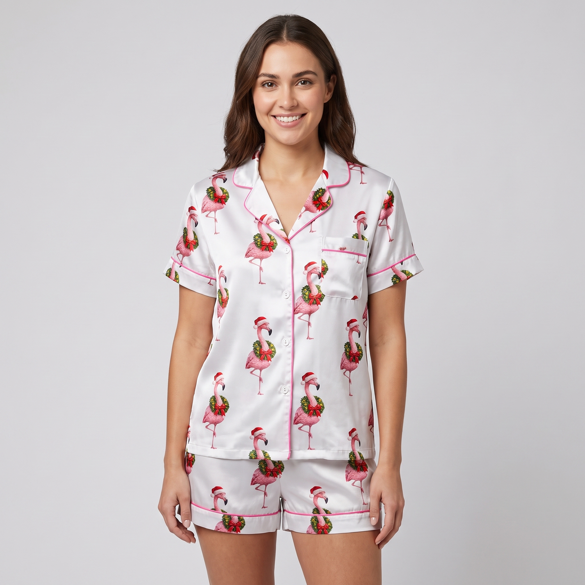 Pink Flamingo Wreaths Women's Pajama Set - short sleeve and shorts