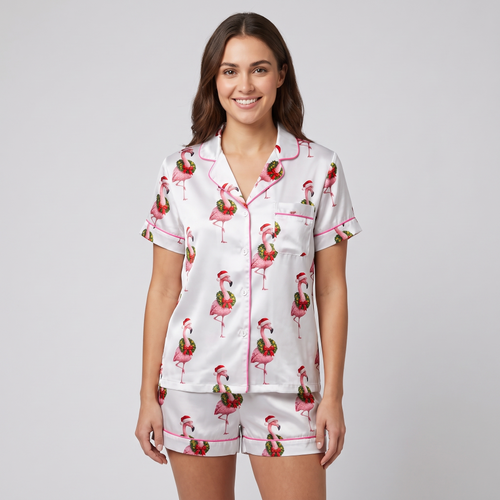 Pink Flamingo Wreaths Women's Pajama Set - short sleeve and shorts