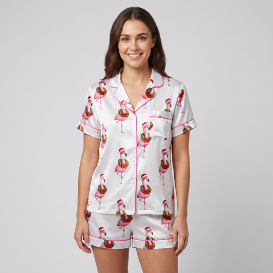 Pink Flamingo Wreaths Women's Pajama Set - short sleeve and shorts