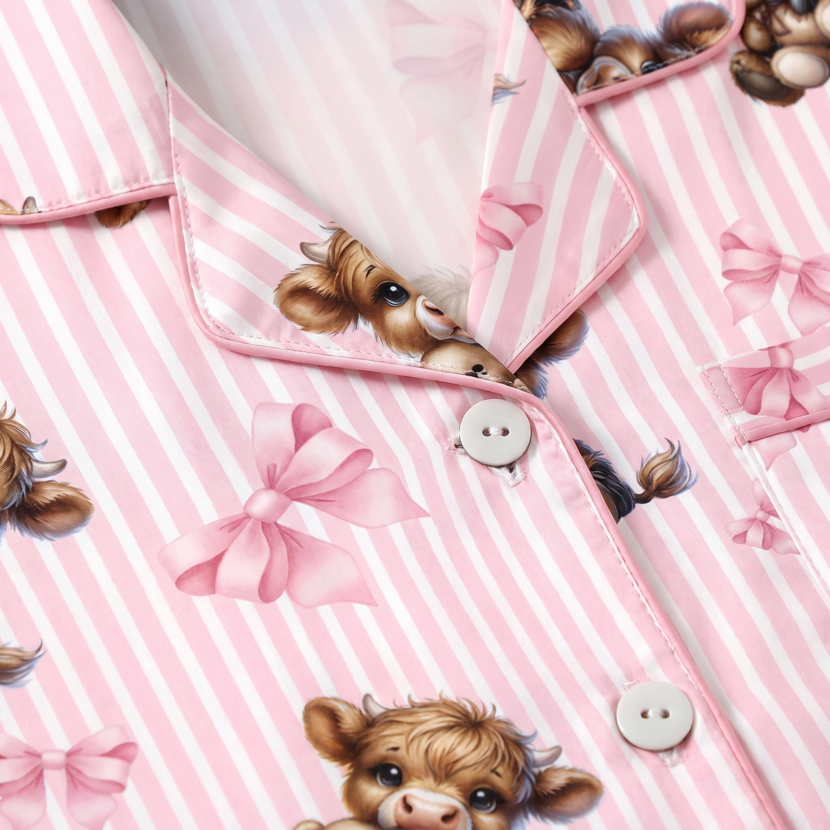 Highland Cows & Bows Women's Pajama Set - Pink - print close-up