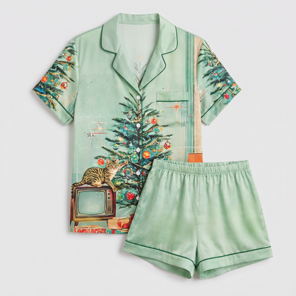 Kitty In The Christmas Tree Women's Pajama Set - flat lay