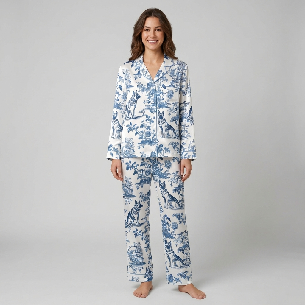 Women's satin pajama set with German Shepherds in a blue-and-white botanical toile scene on white - long sleeve and pants