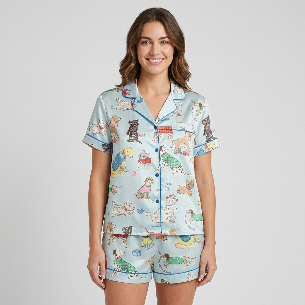 Women's satin pajama set with spaniels, terriers and pugs in plaid knit sweaters on sky blue - short sleeve and shorts