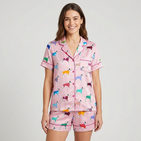 Women's satin pajama set with Dalmatians in teal, purple, yellow and red knit sweaters on pink - short sleeve and shorts