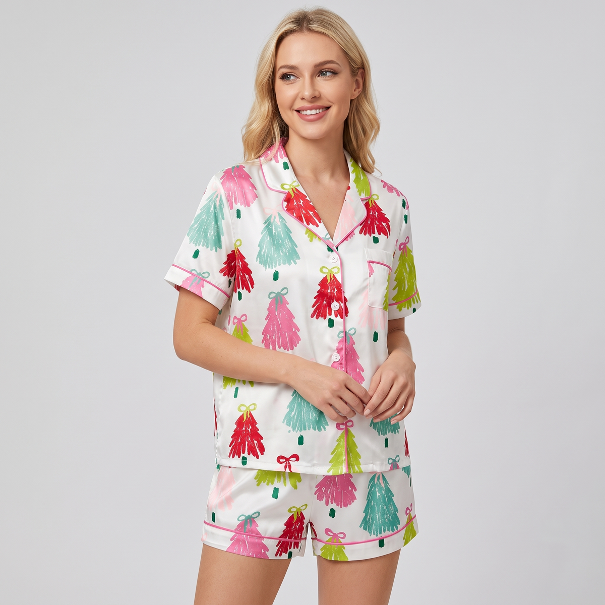Pink, Green & Red Trees Women's Pajama Set - short sleeve and shorts