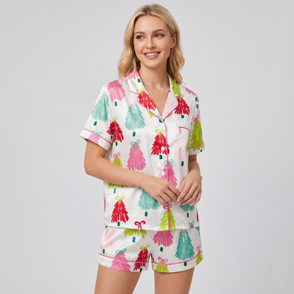 Pink, Green & Red Trees Women's Pajama Set - short sleeve and shorts