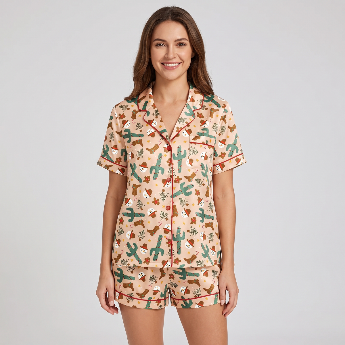 Peachy Cactus Christmas Women's Pajama Set - short sleeve and shorts