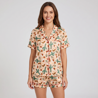 Peachy Cactus Christmas Women's Pajama Set - short sleeve and shorts