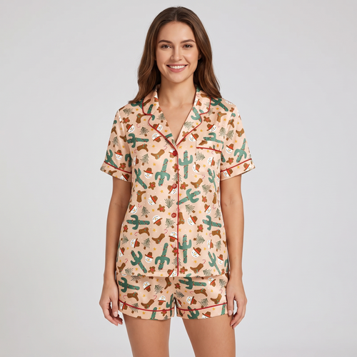 Peachy Cactus Christmas Women's Pajama Set - short sleeve and shorts