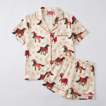 Retro Christmas Ponies Women's Pajama Set - flat lay