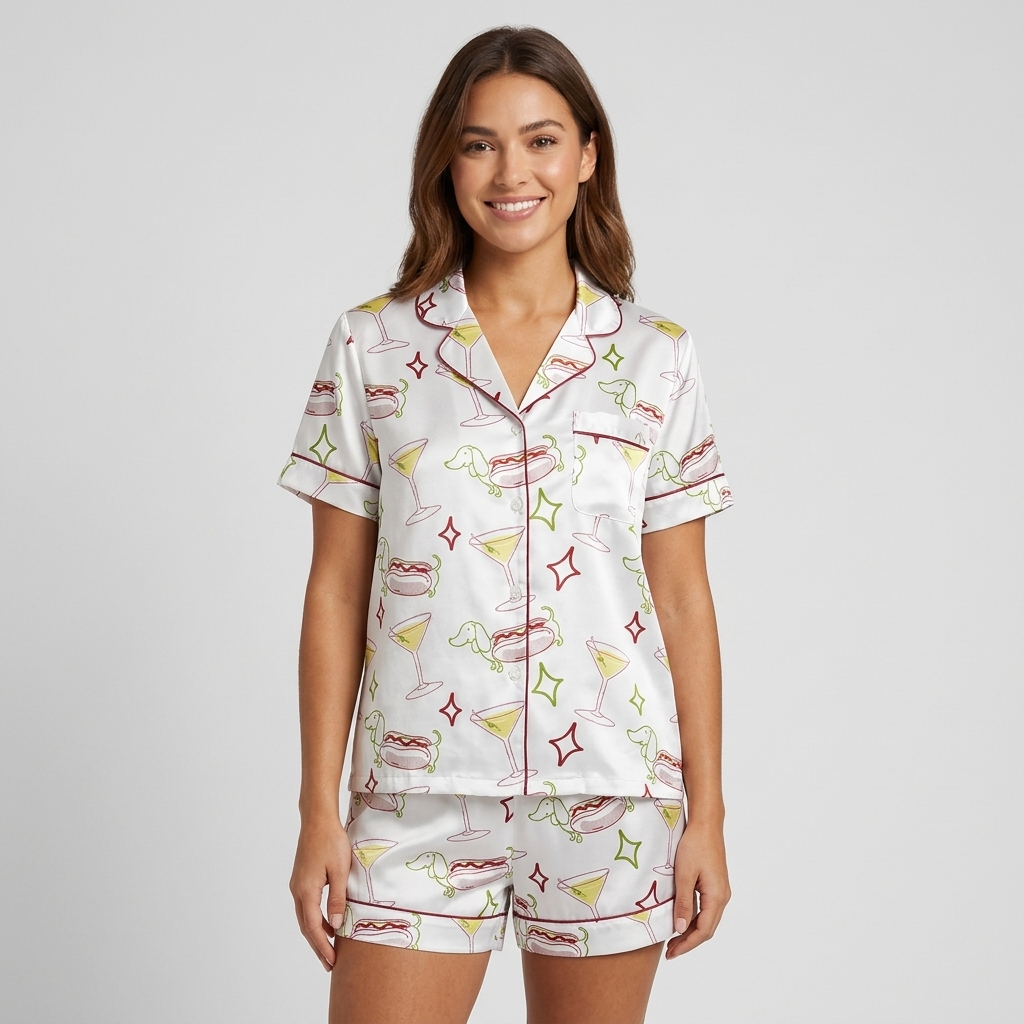 Women's satin pajama set with martinis, hot dogs and dachshund outlines on white with sparkly stars - short sleeve and shorts