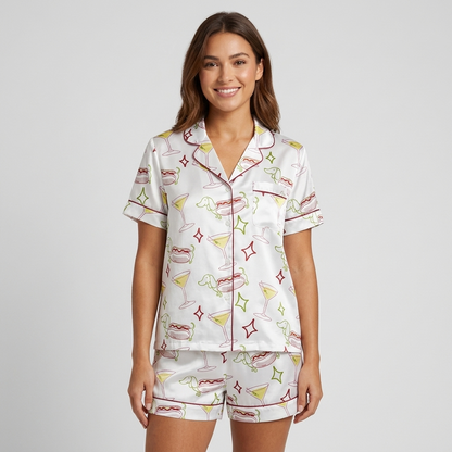 Women's satin pajama set with martinis, hot dogs and dachshund outlines on white with sparkly stars - short sleeve and shorts