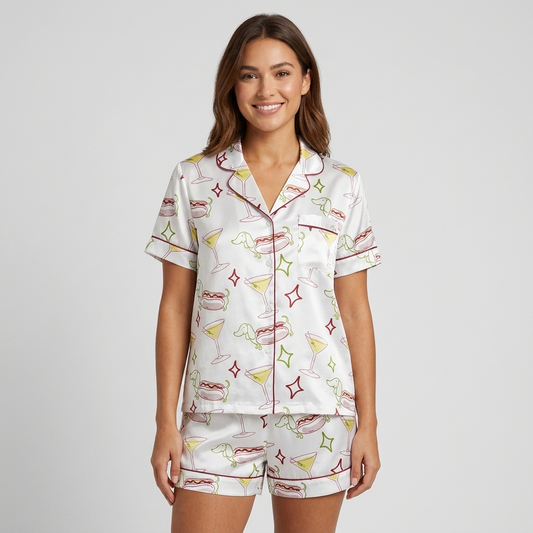 Women's satin pajama set with martinis, hot dogs and dachshund outlines on white with sparkly stars - short sleeve and shorts