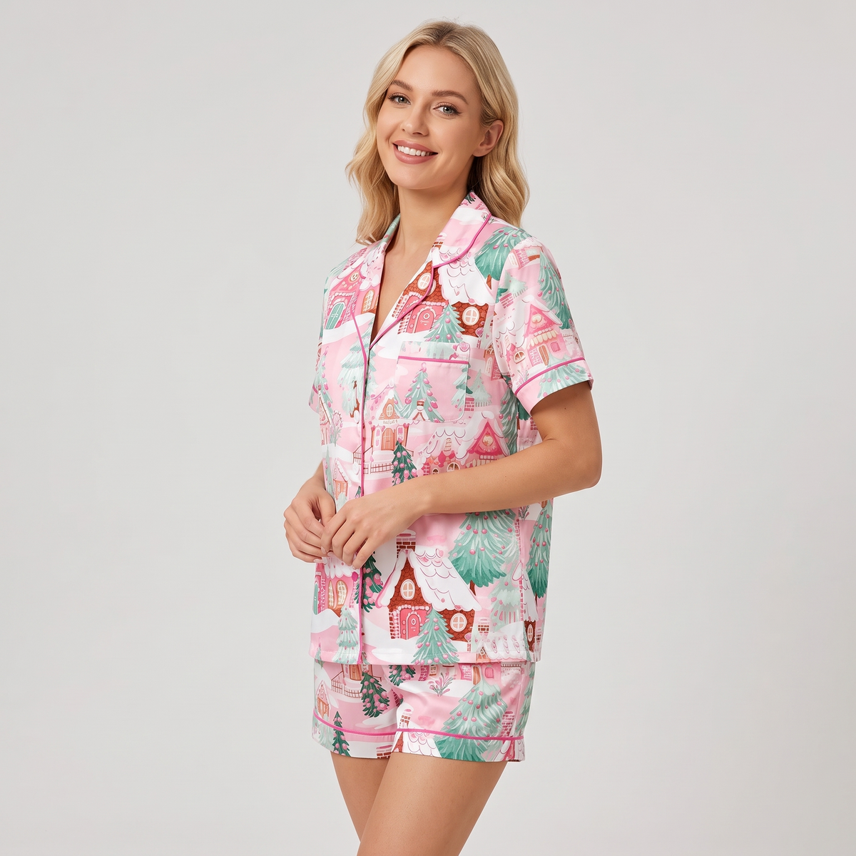 Dreamy Pink Houses Women's Pajama Set - short sleeve and shorts
