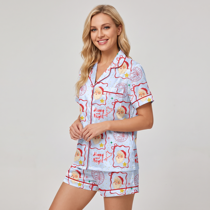 Retro Santa Postmarks Women's Pajama Set - short sleeve and shorts