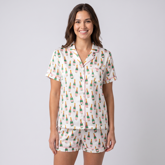 Champagne Popping Women's Pajama Set - short sleeve and shorts