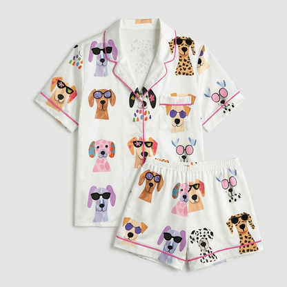 Women's satin pajama set with dalmatians and leopard-print pups in sunglasses in a grid on white - flat lay
