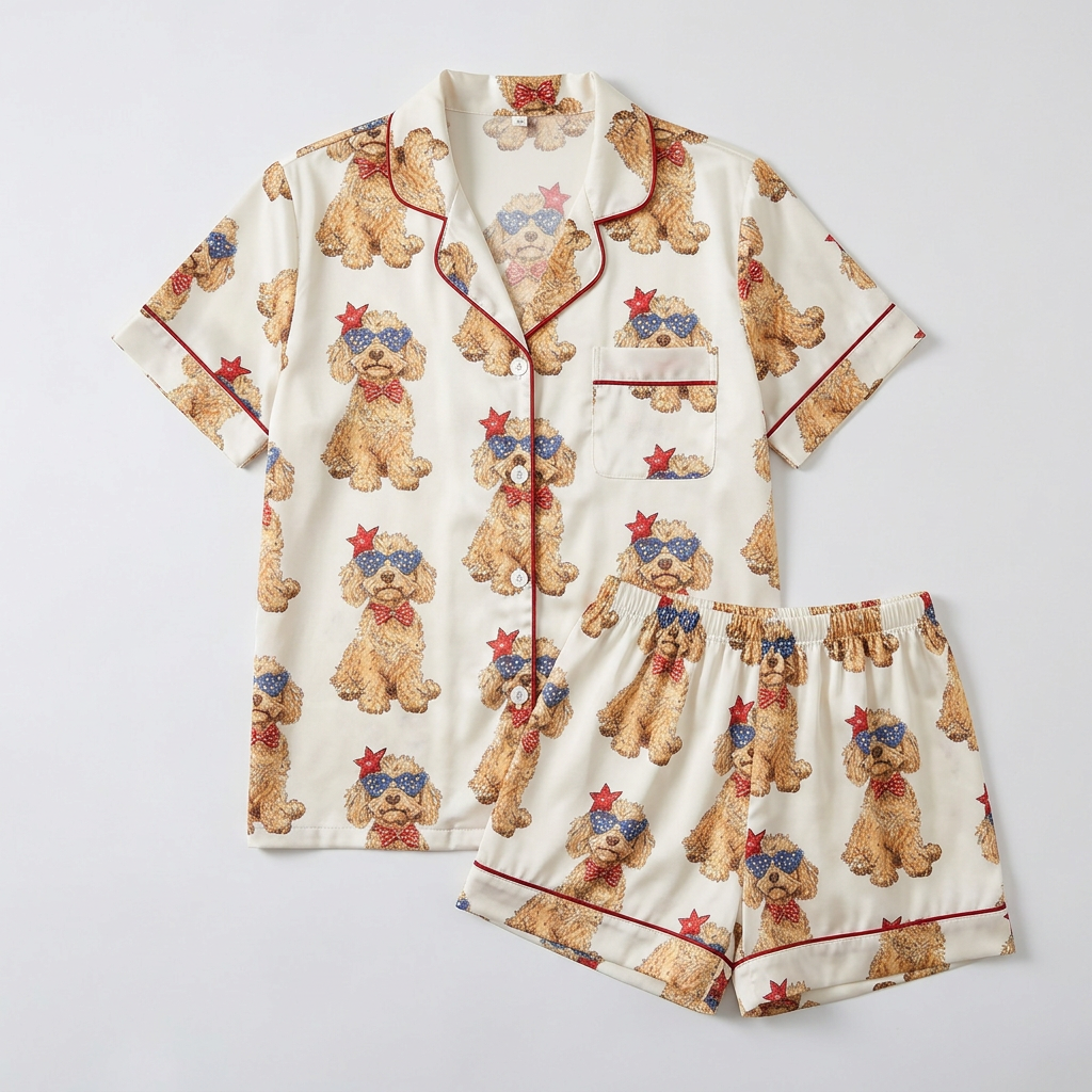 Women's satin pajama set with Goldendoodles in star sunglasses and red bandanas on white with red piping - flat lay