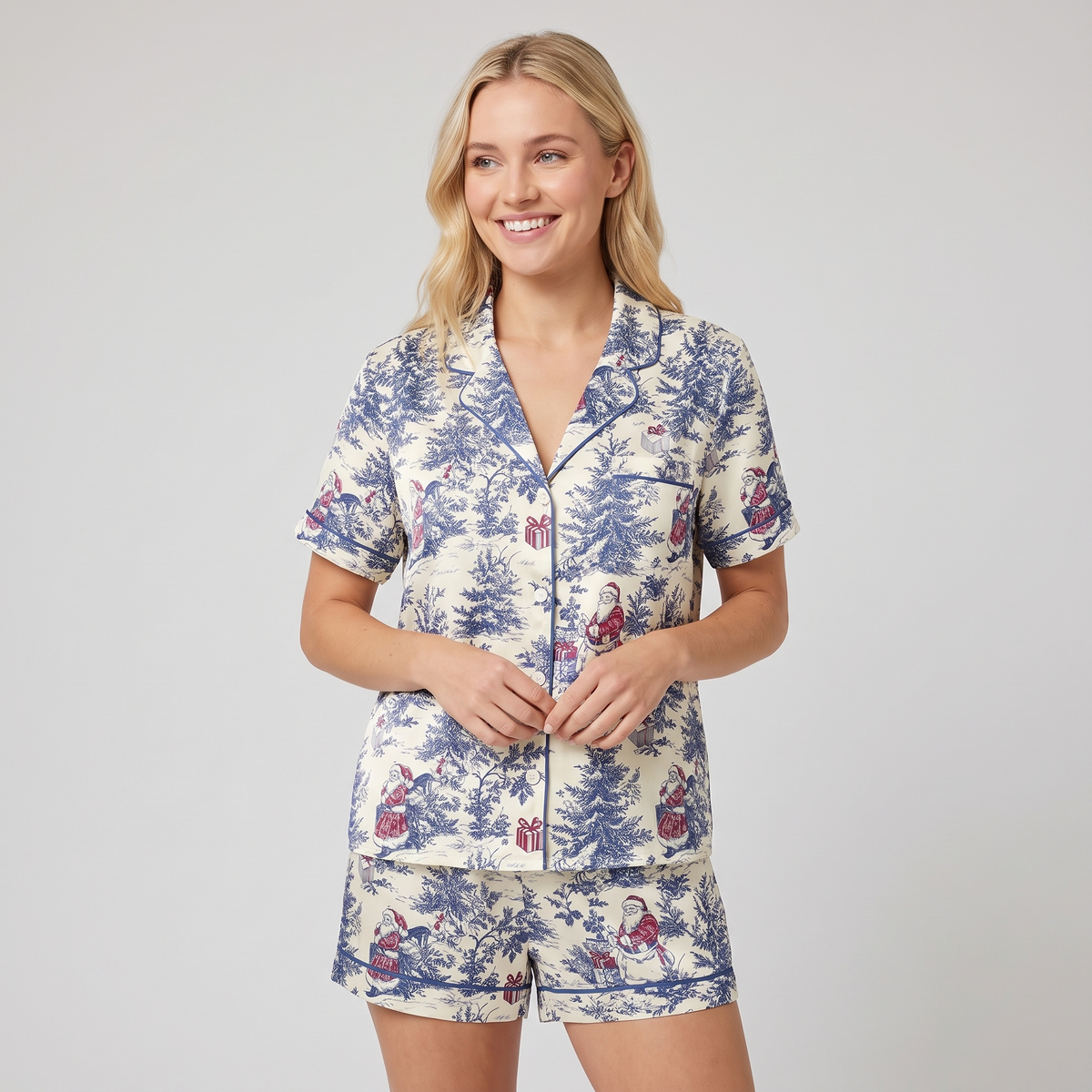 Blue Toile Winter Snowman Women's Pajama Set - short sleeve and shorts