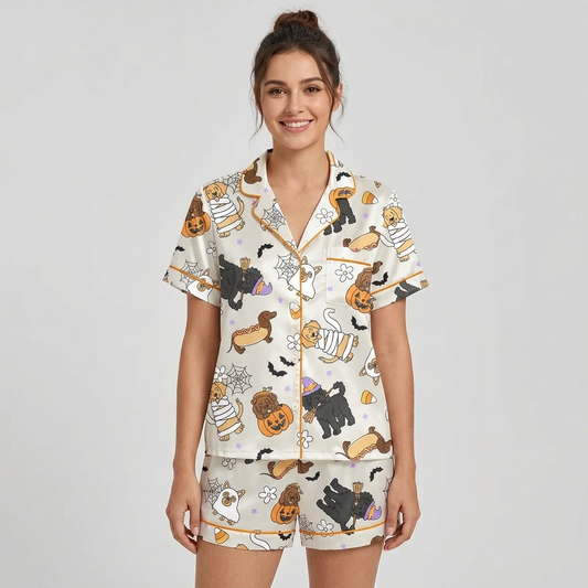 Women's satin pajama set with golden pups, black poodles and a dachshund in pumpkin hats and ghost sheets on white - short sleeve and shorts