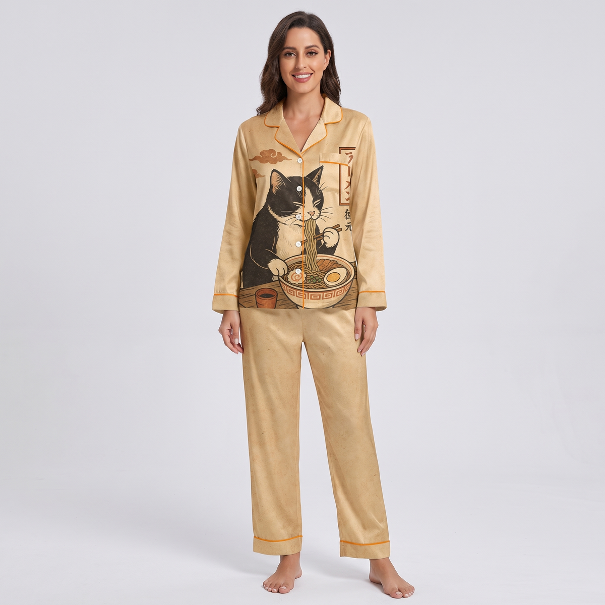 Ramen Night Cat Women's Pajama Set - long sleeve and pants