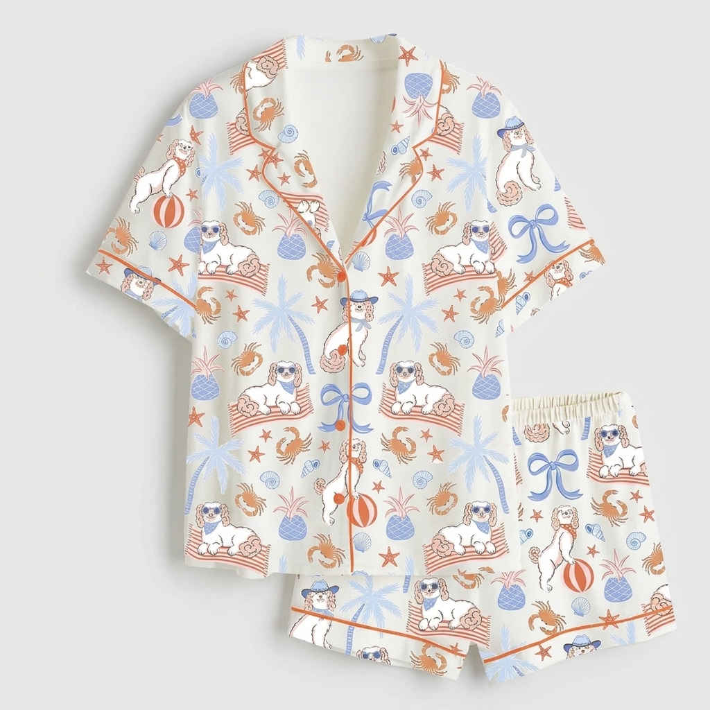Women's satin pajama set with white pups in sunglasses with crabs, pineapples and palm trees - flat lay