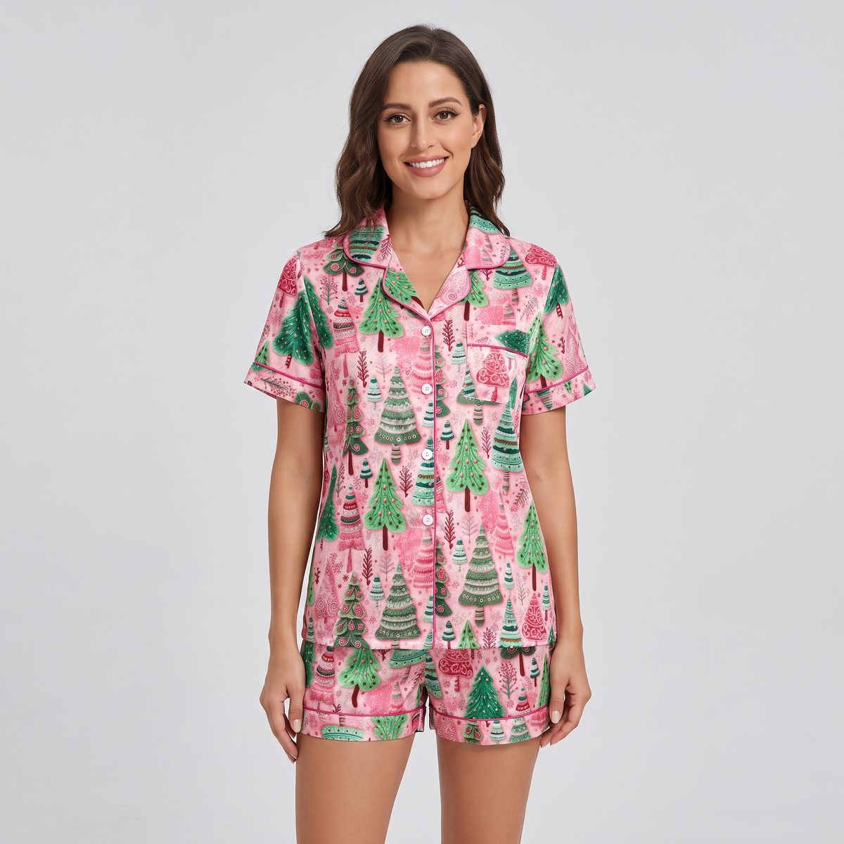 Pink & Green Christmas Forest Women's Pajama Set - short sleeve and shorts