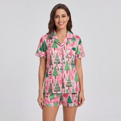 Pink & Green Christmas Forest Women's Pajama Set - short sleeve and shorts