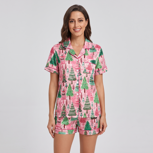 Pink & Green Christmas Forest Women's Pajama Set - short sleeve and shorts
