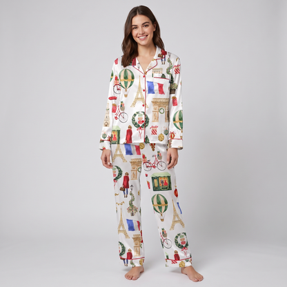 Paris Flags & Landmarks Women's Pajama Set - long sleeve and pants