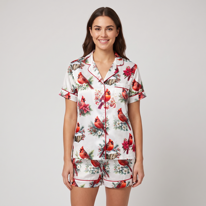 Winter Cardinals Women's Pajama Set - short sleeve and shorts